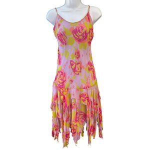 Vintage Y2K Betsey Johnson Purple Pink Floral Handkerchief Hem Silk Dress Size 6